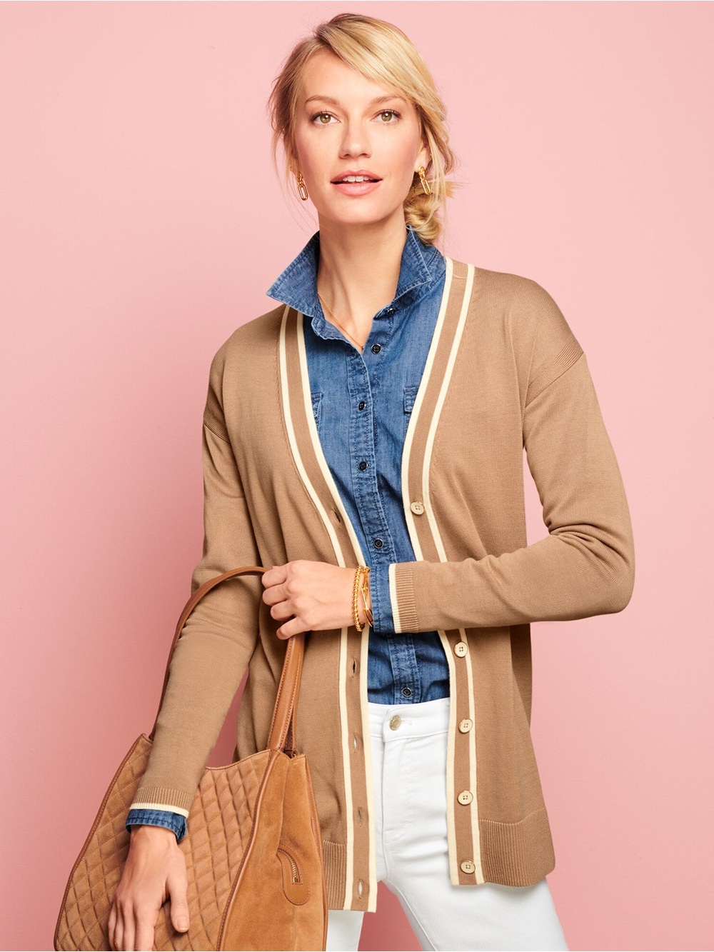 Talbots PETITE Girlfriend Cardigan Tipped Tan White Old Money Quiet Luxury
